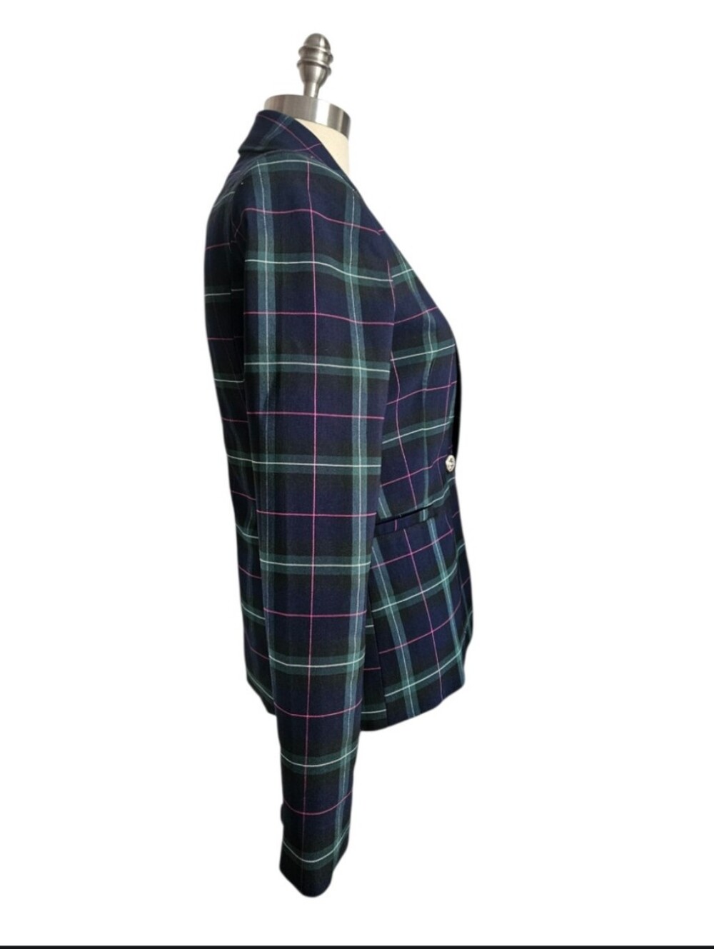 AUTRES FILLES Tartan Plaid Blazer Jacket Navy Green Pink Gold Buttons | SZ XS - Picture 3 of 8
